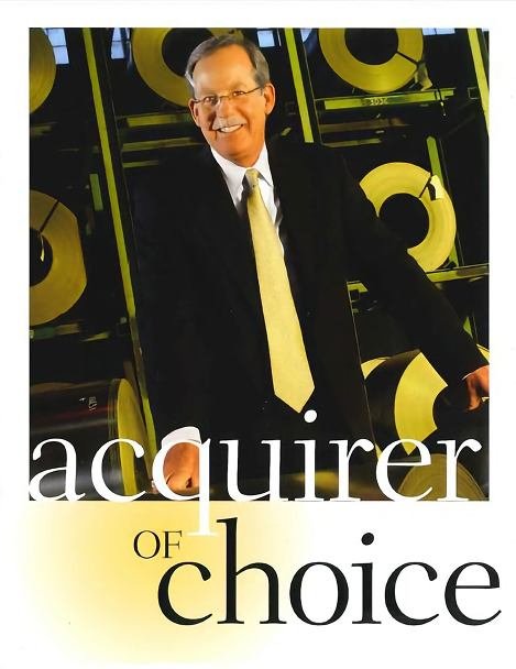 Executive portrait above the words acquirer of choice with steel coils in the background.