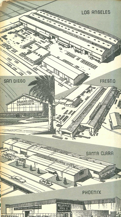 Illustrated map of Reliance Steel & Aluminum facilities in Los Angeles, San Diego, Fresno, Santa Clara, and Phoenix.