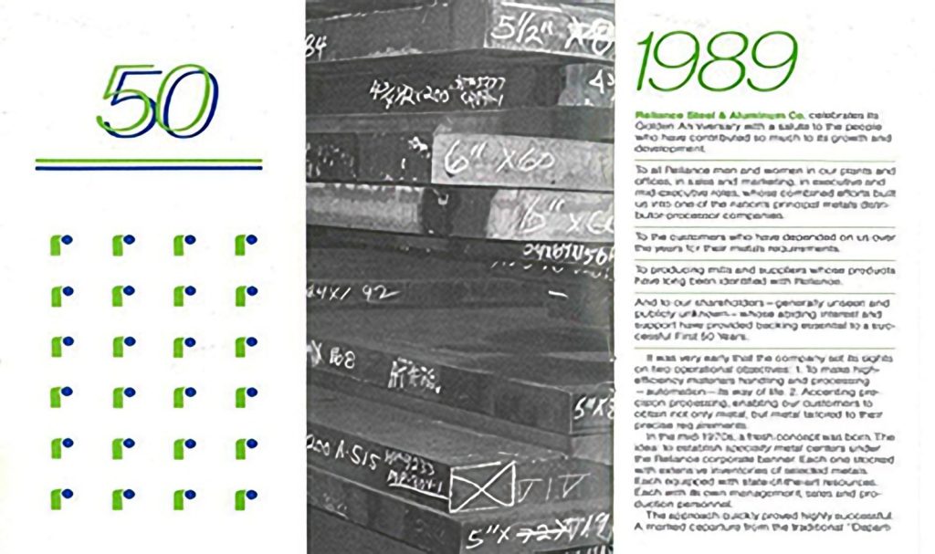 Anniversary page highlighting Reliance Steel & Aluminum Co.'s 1989 golden anniversary.