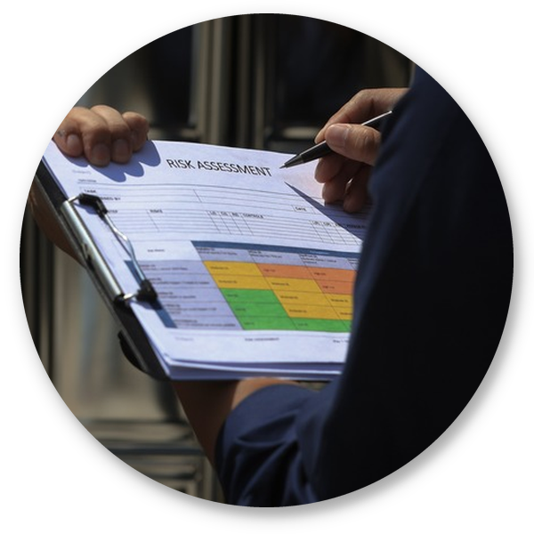 Worker completing a risk assessment checklist on a clipboard in an industrial setting.