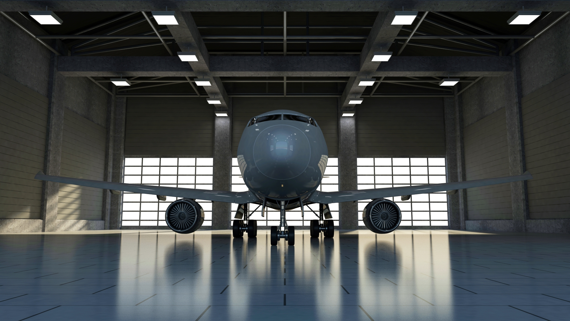 Plane inside hangar