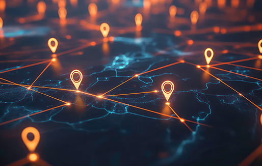 Map with glowing location pins and connecting lines