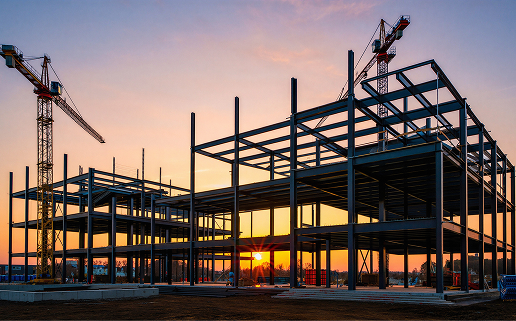 Steel building frame under construction at sunset